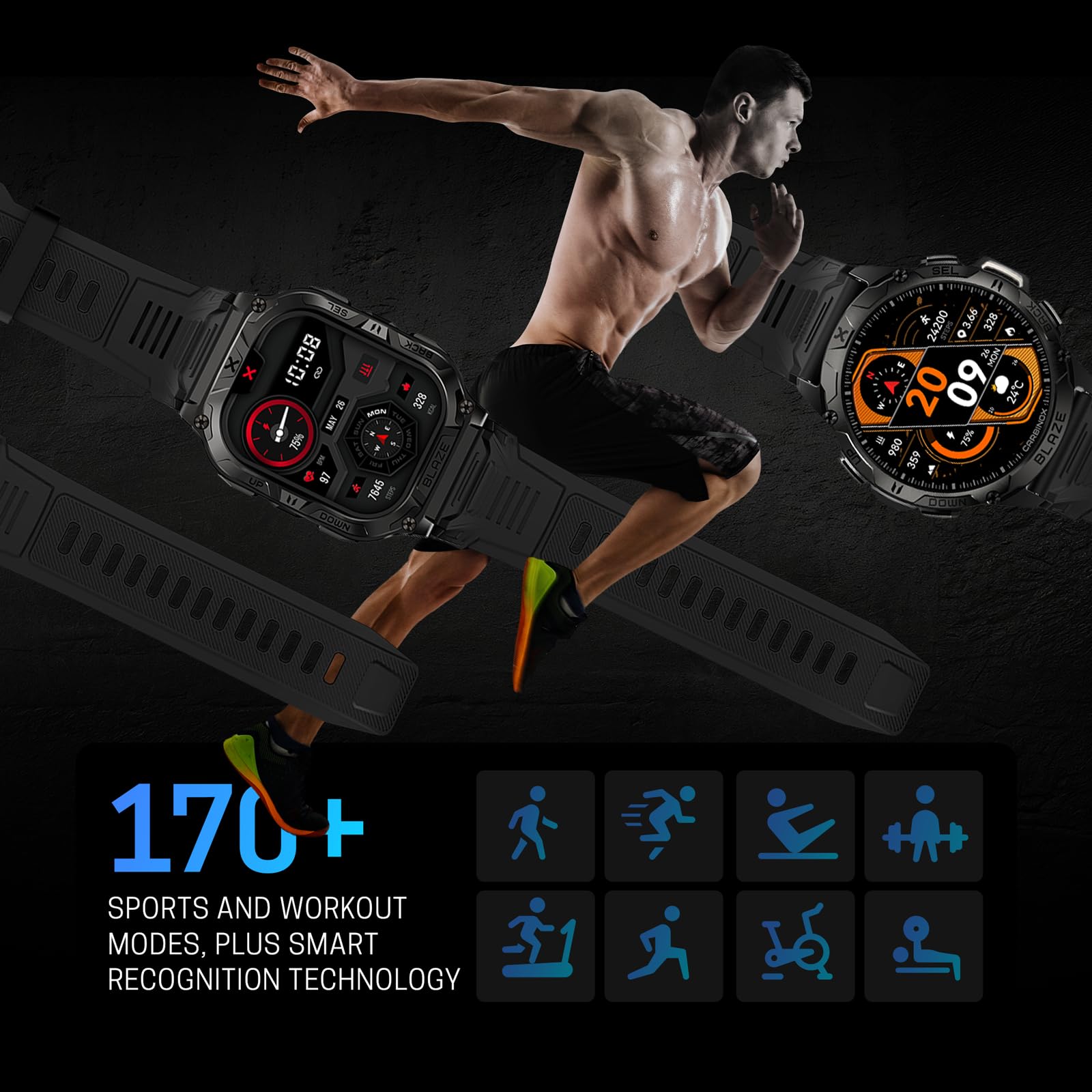 CARBINOX Blaze Smart Watch - GPS, Rugged Fitness Tracker, Waterproof IP69K, 170+ Sports Modes, Compatible with Android/iOS, Black